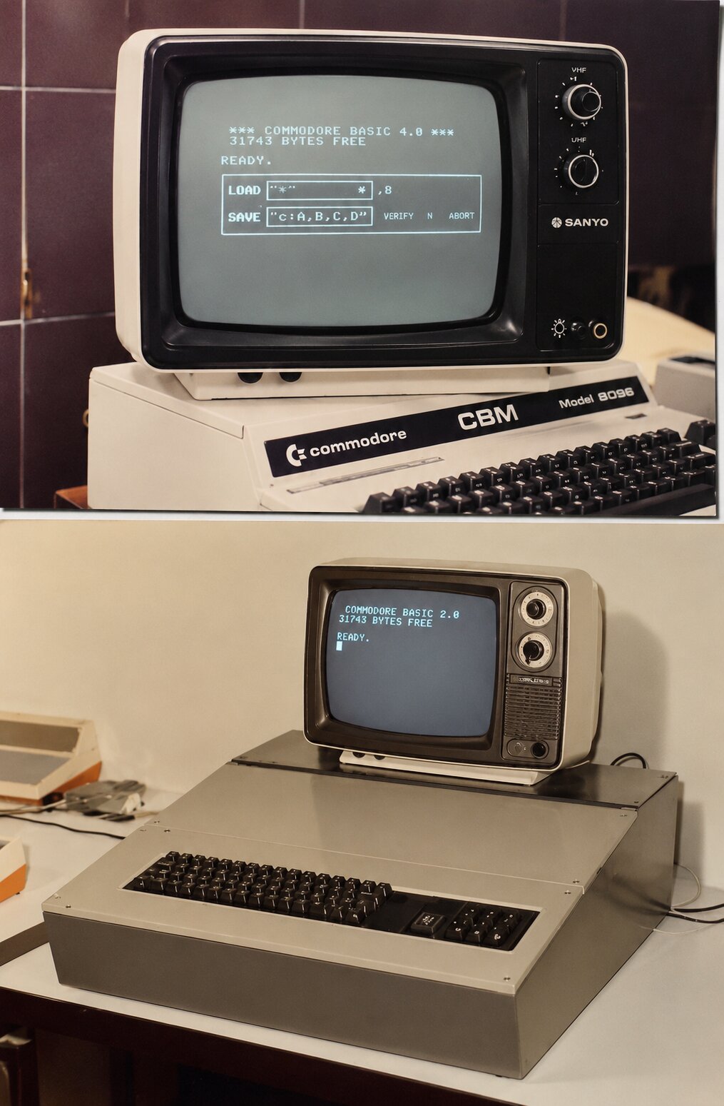 Equipos Commodore antiguos con un televisor como monitor